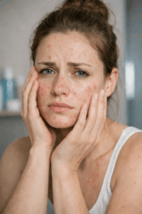 Frau mit unreiner Haut, Gesunde Hautpflege