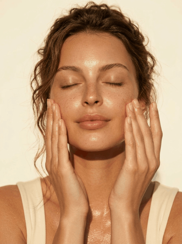 Close up of glowing skin natural shine after skincare routine