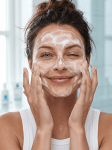 Woman washing face with gentle cleanser for clear and healthy skin
