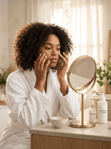 Woman doing morning skincare routine with serum and moisturizer in front of mirror