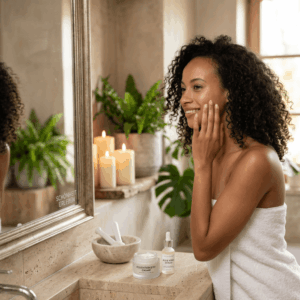 Woman applying natural skincare products in bathroom with clean beauty routine