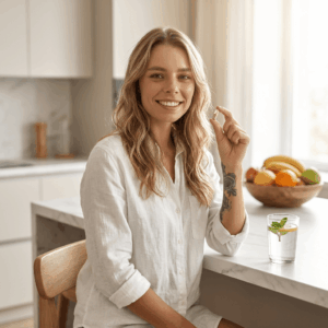 Woman taking natural supplements in kitchen for gut health and overall wellness