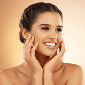 Woman with glowing healthy and natural skincare routine for clear complexion